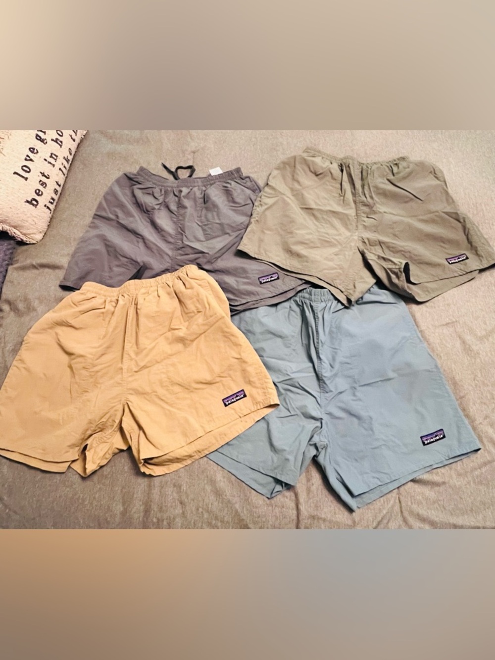 Patagonia Men's Athletic Shorts in Tan, Olive, Gray & Blue - 4-Pack Look